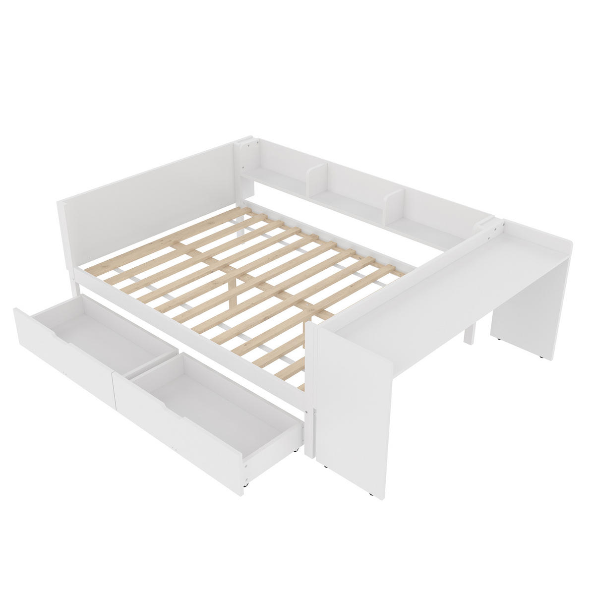 FLACHBETT 140x200cm Weiß Holz Schreibtisch 2 Schubladen Regale - Weiß, Holz (140/200cm) - FLIEKS