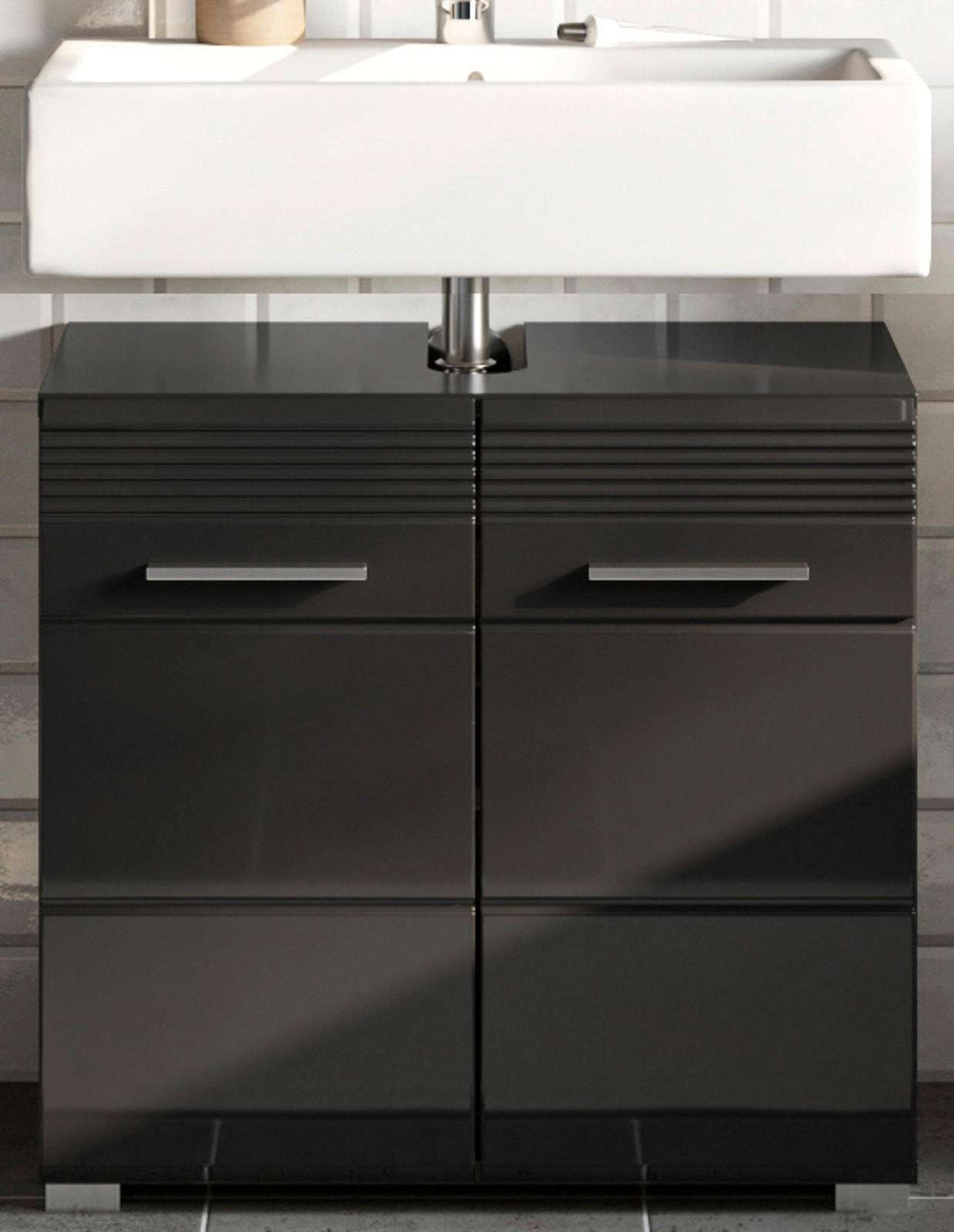 WASCHBECKENUNTERSCHRANK schwarz Hochglanz 60 cm, Badezimmer Unterschrank mit Stauraum - Schwarz Hochglanz/Silberfarben, Holzwerkstoff/Kunststoff (60/56/34cm) - Inn.Furn