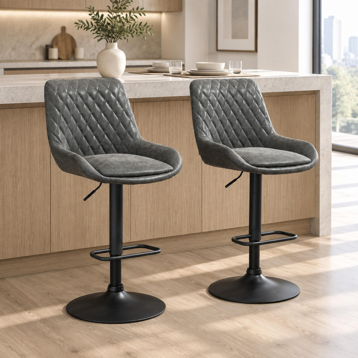 BARHOCKER 2er-Set höhenverstellbar mit Rückenlehne und Fußstütze - Dunkelgrau, Leder (59/117/51cm) - MIVRAY