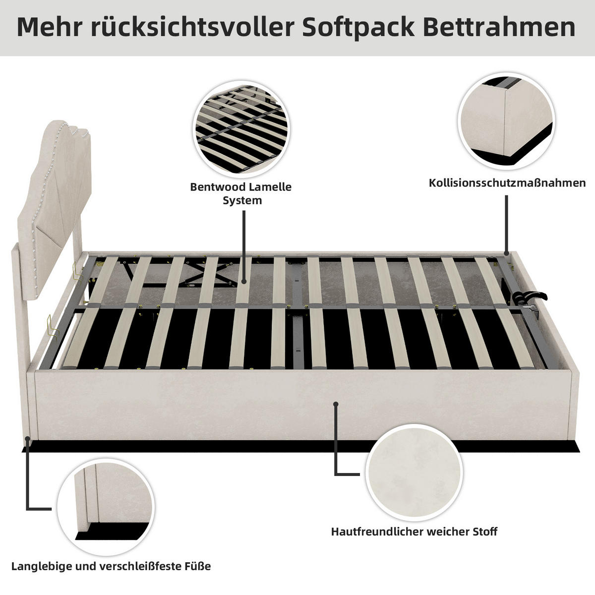 POLSTERBETT 160/200 cm in Beige Stoff mit Gepolstertem Kopfteil - Beige, Holzwerkstoff/Textil (160/200cm) - WISHDOR