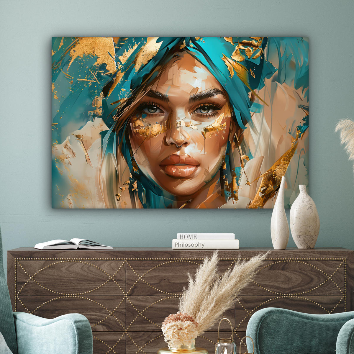 OBRAZ NA PLÁTNE Žena - Portrét - Zlato - Luxus - Modrá 140x90 cm - tyrkysová, textil (140/90cm) - MuchoWow