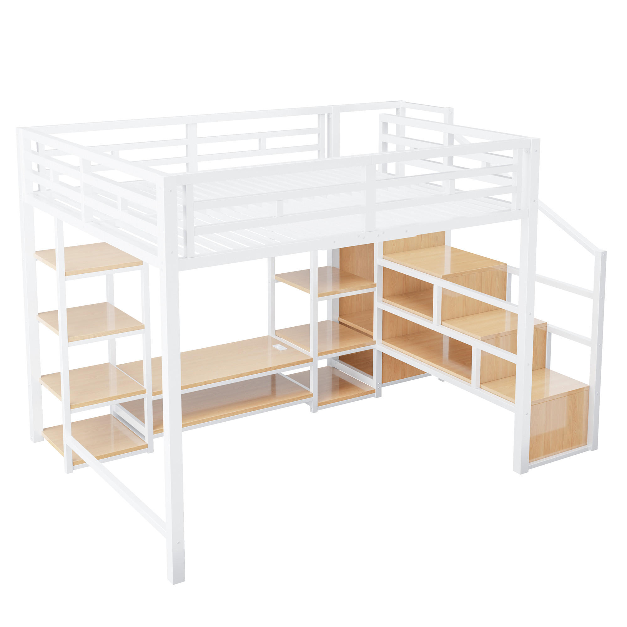 HOCHBETT 140/200 cm DE-01466, in Weiß, mit TV-Ständer, Steckdose und Sicherheitsleiter - Weiß/Naturfarben, Metall (140/200cm) - ComfortXL