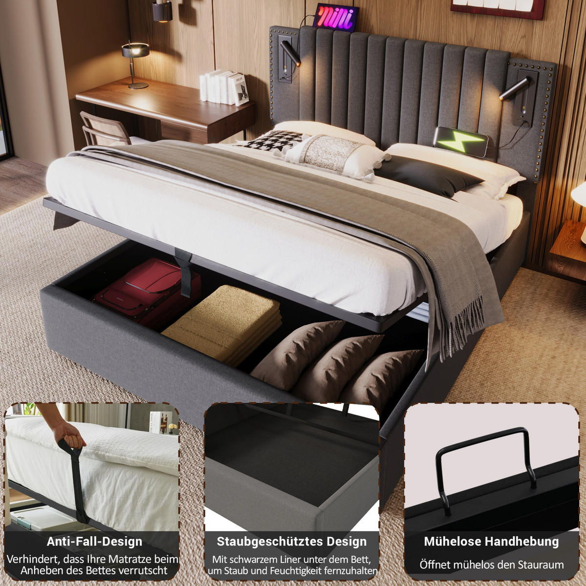 POLSTERBETT 140/200 cm grau aus Baumwolle mit USB-C, Leselicht und Bettkasten - Grau, Textil (140/200cm) - OKWISH