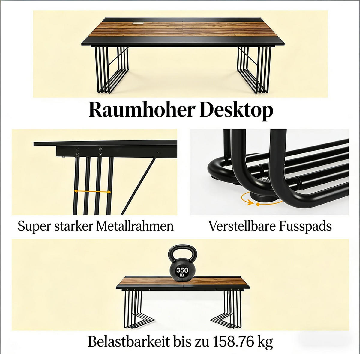 SCHREIBTISCH Schwarz und Rustikales Braun 200/100/75 cm Metallrahmen - Schwarz, Holzwerkstoff (100/200/75cm) - PANGIVO