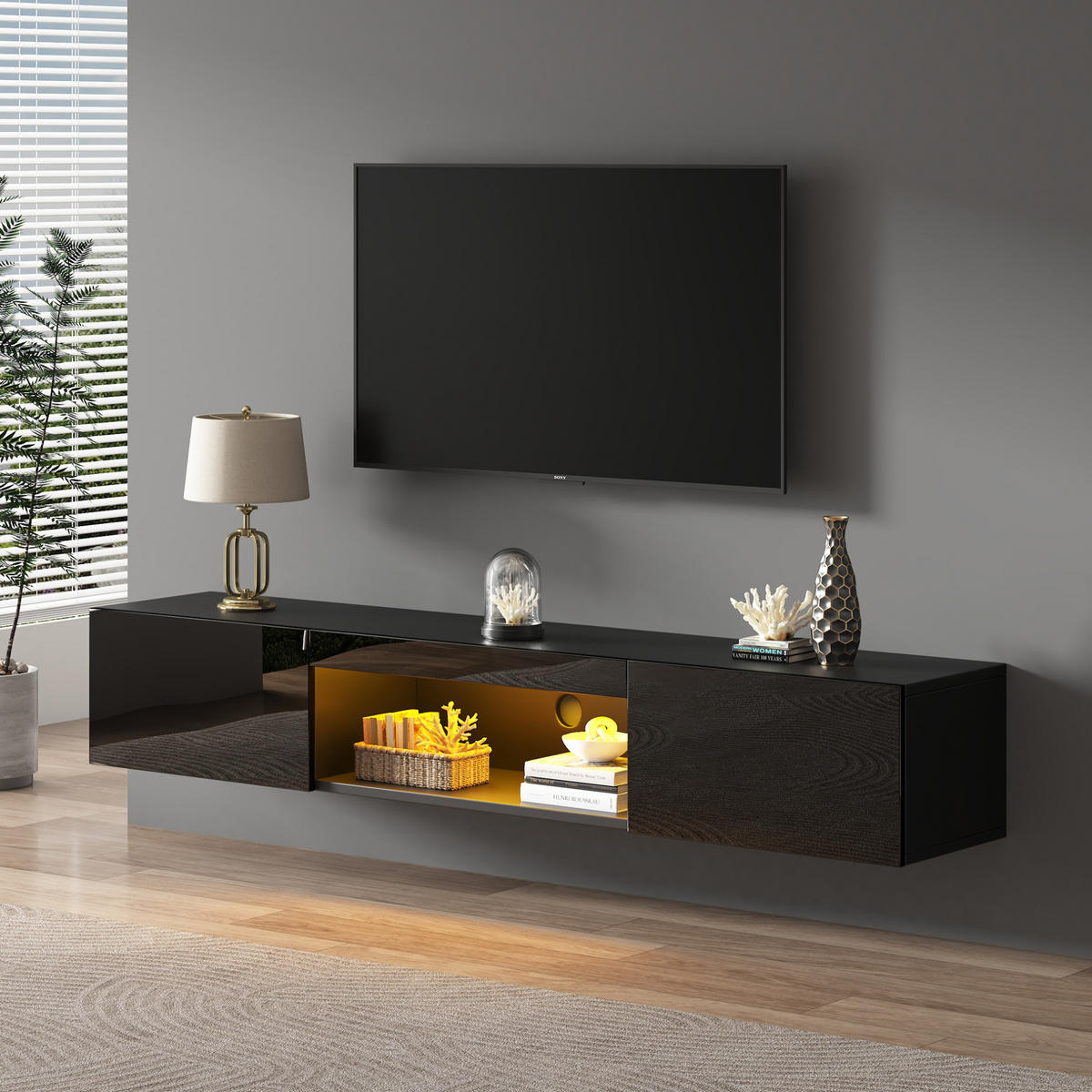 TV-ELEMENT wandhängend 160 cm Hochglanz Schwarz mit LED - Schwarz, Holzwerkstoff (31/22/160cm) - Beauniv
