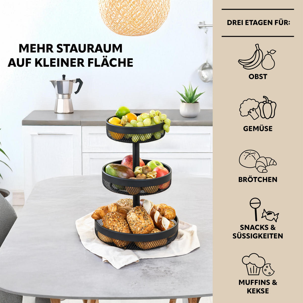 OBSTETAGERE 3-STÖCKIG rund Metall schwarz - Schwarz, Metall (42cm) - eluno