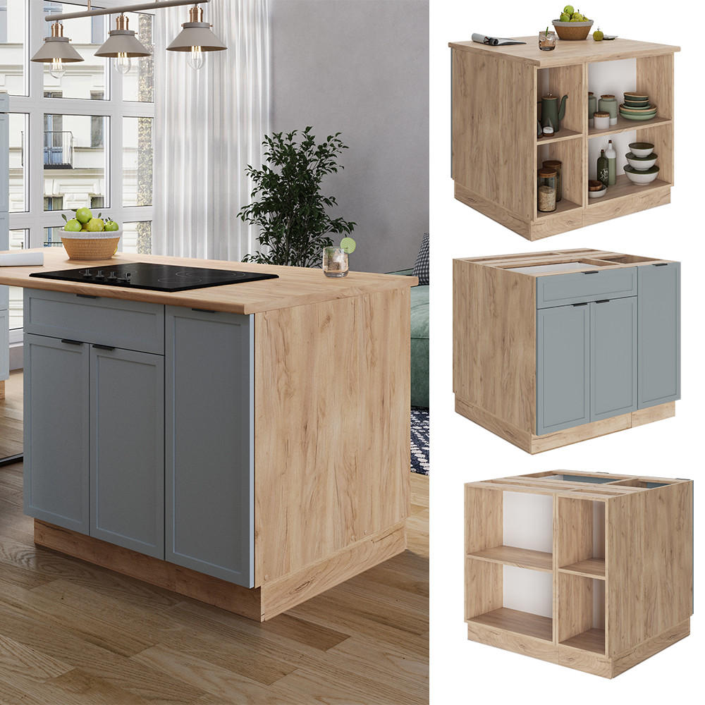 KÜCHENINSEL Fame-Line Hellblau-grau 90 cm mit Schublade, ohne AP - Honigeiche/Blaugrau, Holzwerkstoff (90/82/60cm) - Vicco
