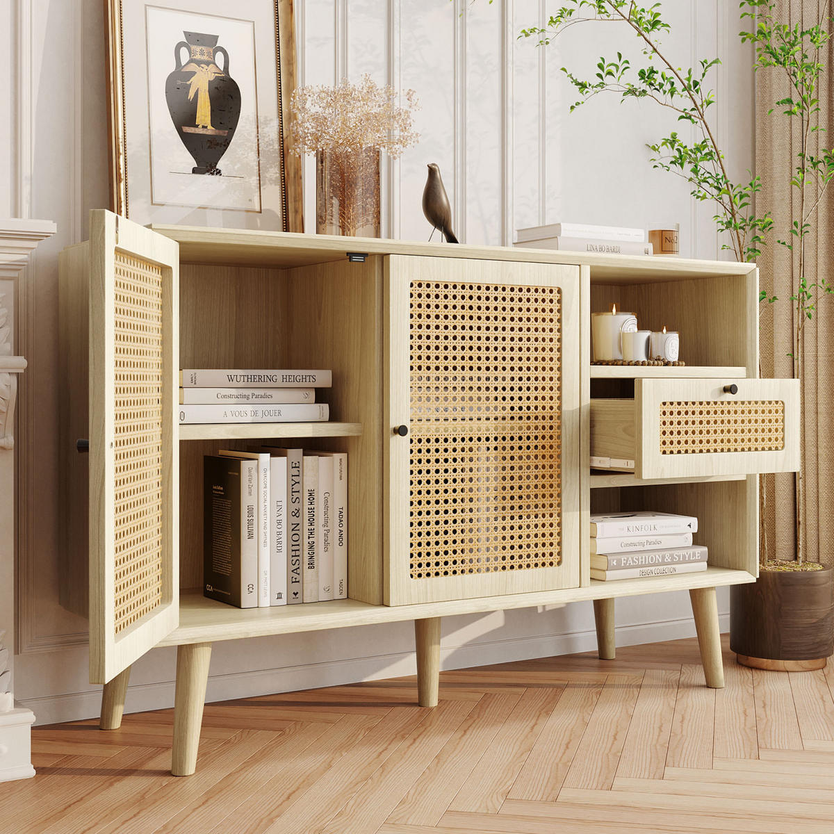 SIDEBOARD 120x40x80 cm, 2 Türen, Schublade, Rattanoptik - Kastanienfarben, Holz (120/80/40cm)
