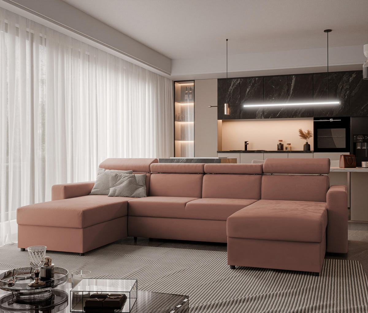 WOHNLANDSCHAFT BENI U II mit verstellbaren Kopfstützen und Schlaffunktion, Farbe: edles Rosa - Koralle/Schwarz, Kunststoff/Textil (302/60/166cm) - Idohome