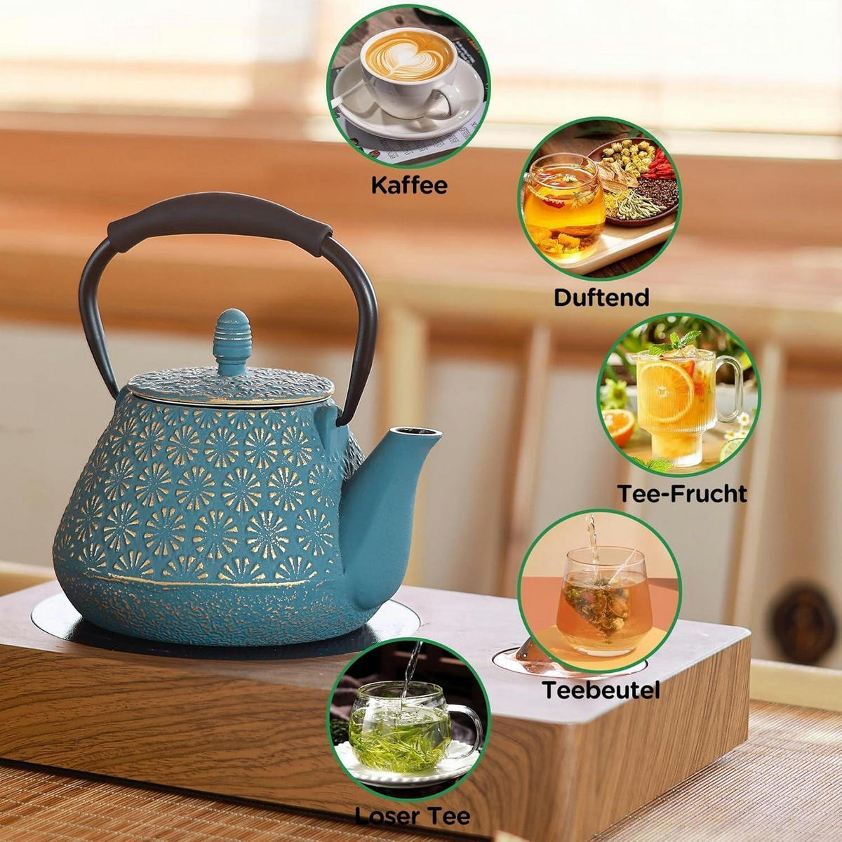 TEEKANNE Gusseisen 950ml Kirschblütenmuster Blau - Türkis, Metall (17/8cm)