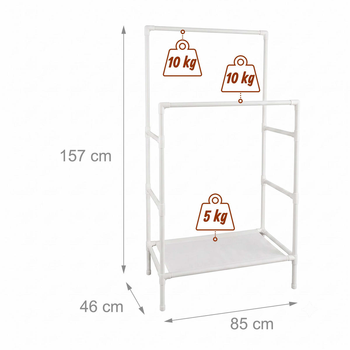 KLEIDERSTÄNDER Weiß 2 Ablagen - Weiß, Kunststoff/Textil (85/157/46cm) - Relaxdays
