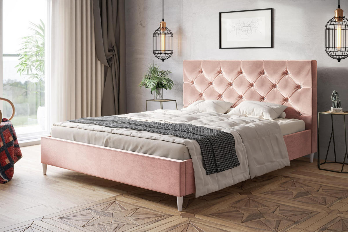 POLSTERBETT LUX Boston mit Kopfteil, 120 x 200 cm, Doppelbett mit Lattenrost aus Holz, Velourstoff Rosa, Füße in Farbe: Weiß - Pink, Holz/Textil (120/200cm) - Alpi-Möbel