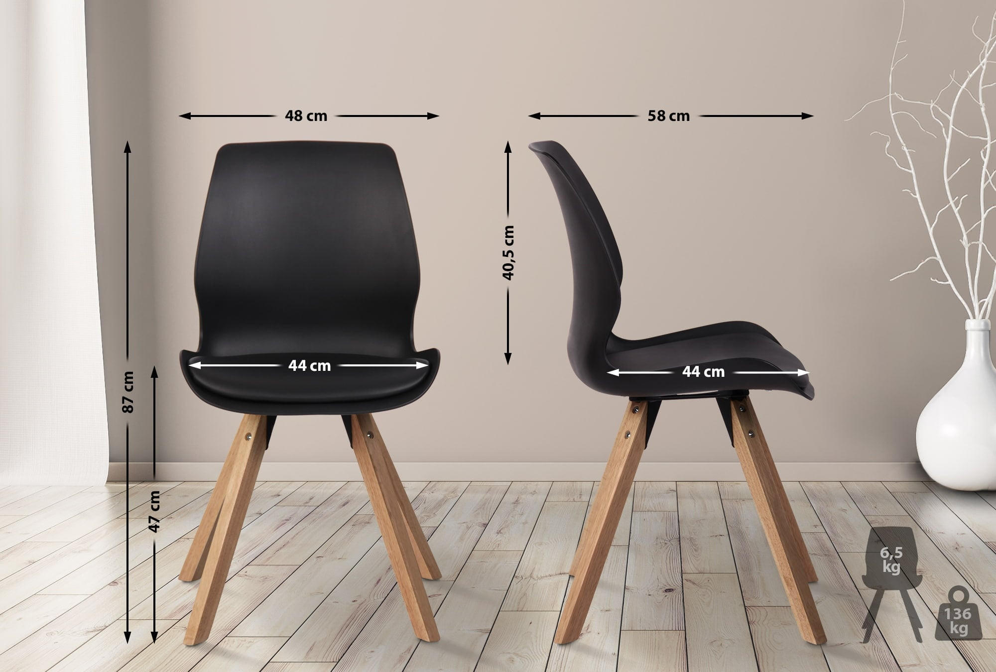 STUHL 2er Set Kunststoff schwarz - Eukalyptusholzfarben/Schwarz, Holz/Kunststoff (48/87/58cm) - CLP