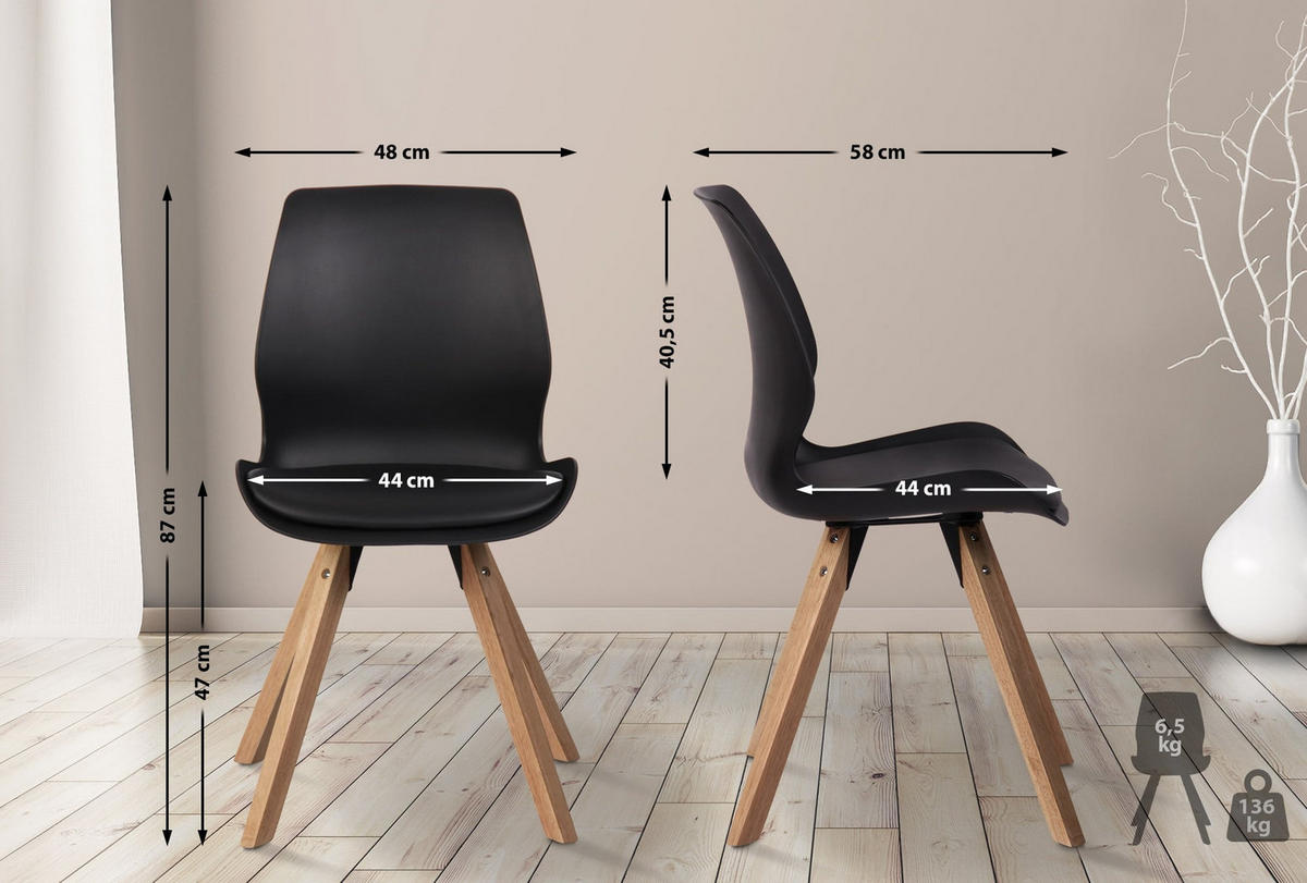 STUHL 2er Set Kunststoff schwarz - Eukalyptusholzfarben/Schwarz, Holz/Kunststoff (48/87/58cm) - CLP