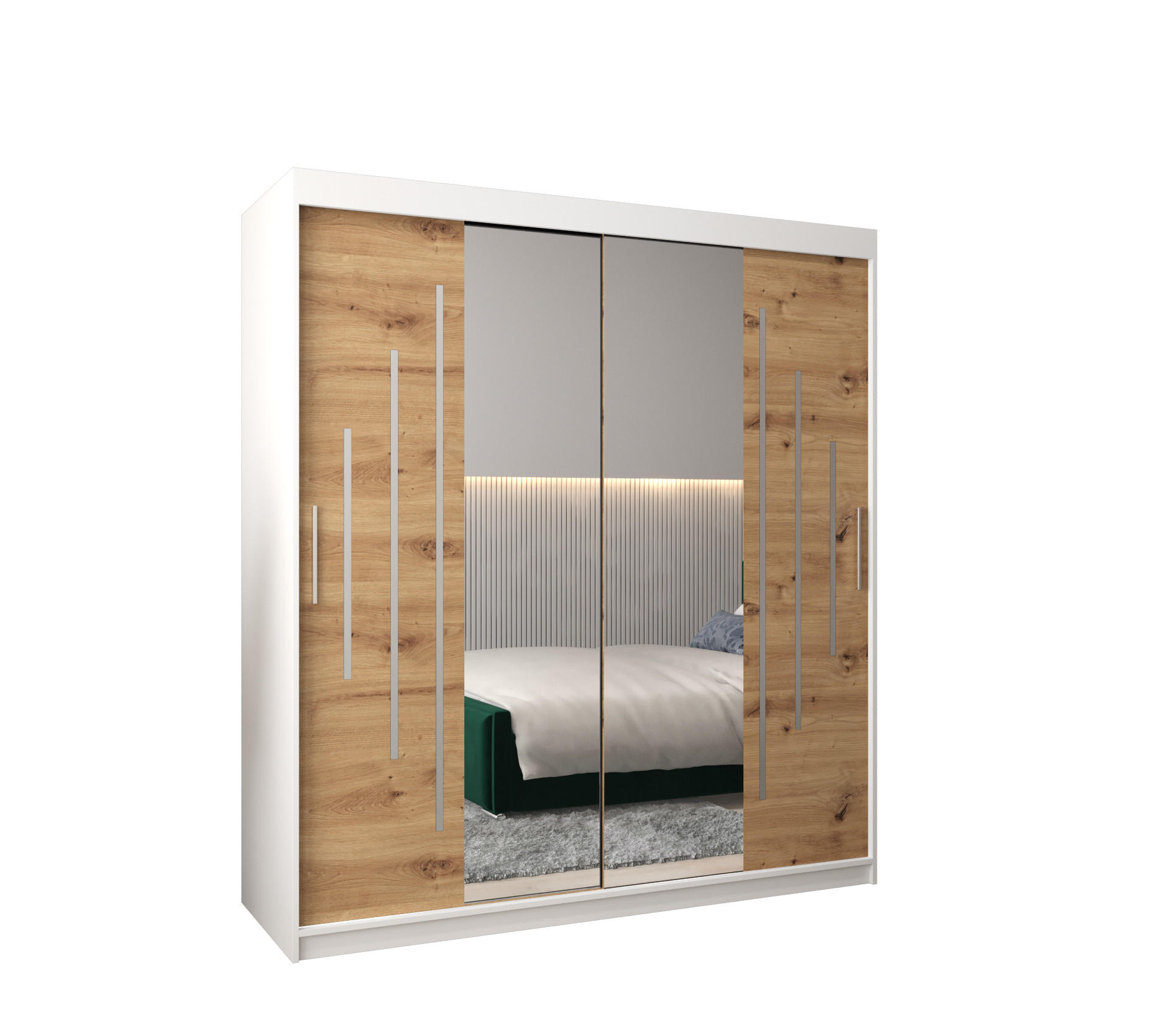 Abiks Möbel SCHWEBETÜRENSCHRANK Weiß, Eiche Artisan 180cm × 62cm × 200cm