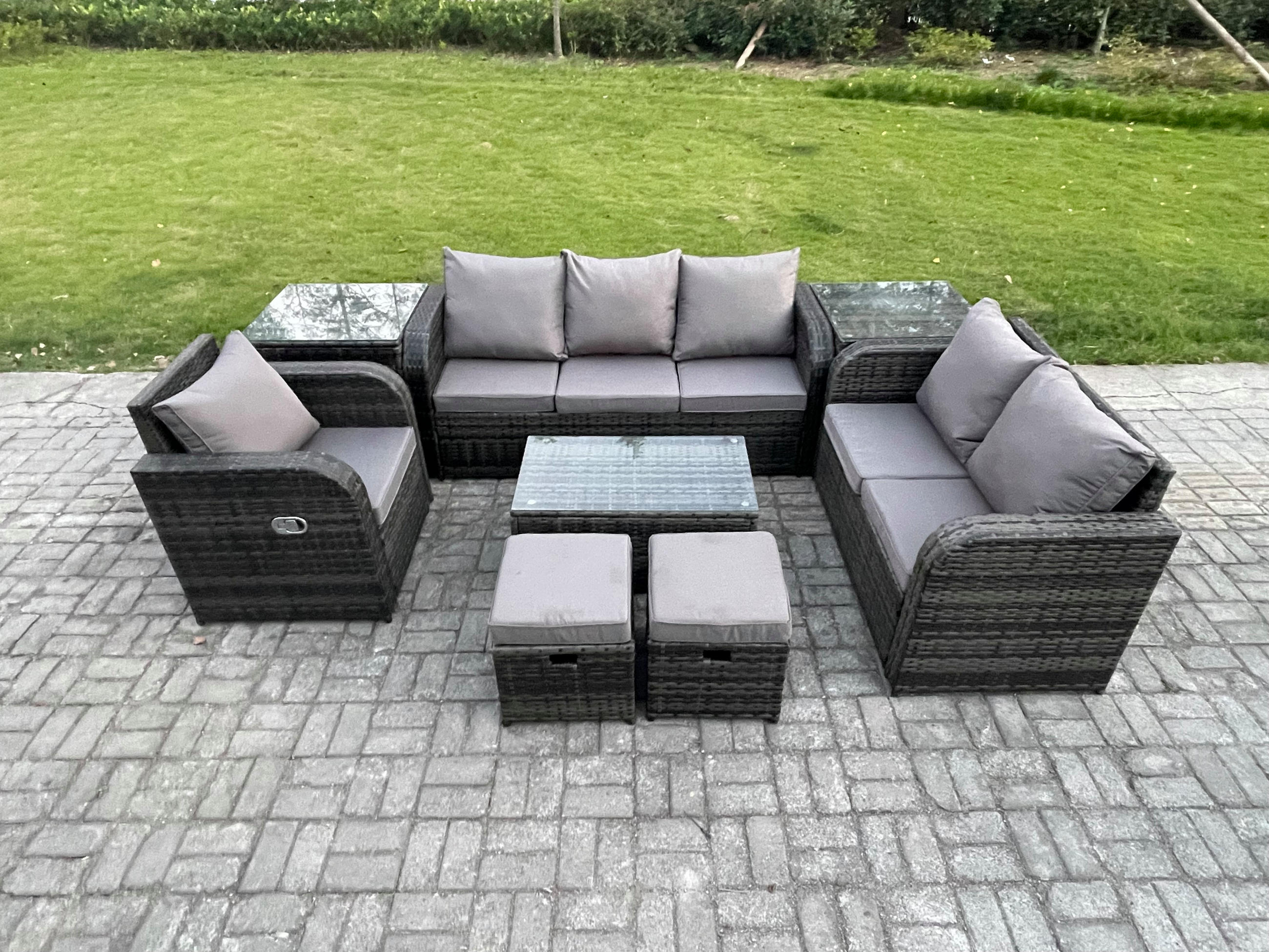 GARTENSET Polyrattan Dunkelgrau 6-Sitzer - Dunkelgrau/Grau, Glas/Kunststoff - Fimous