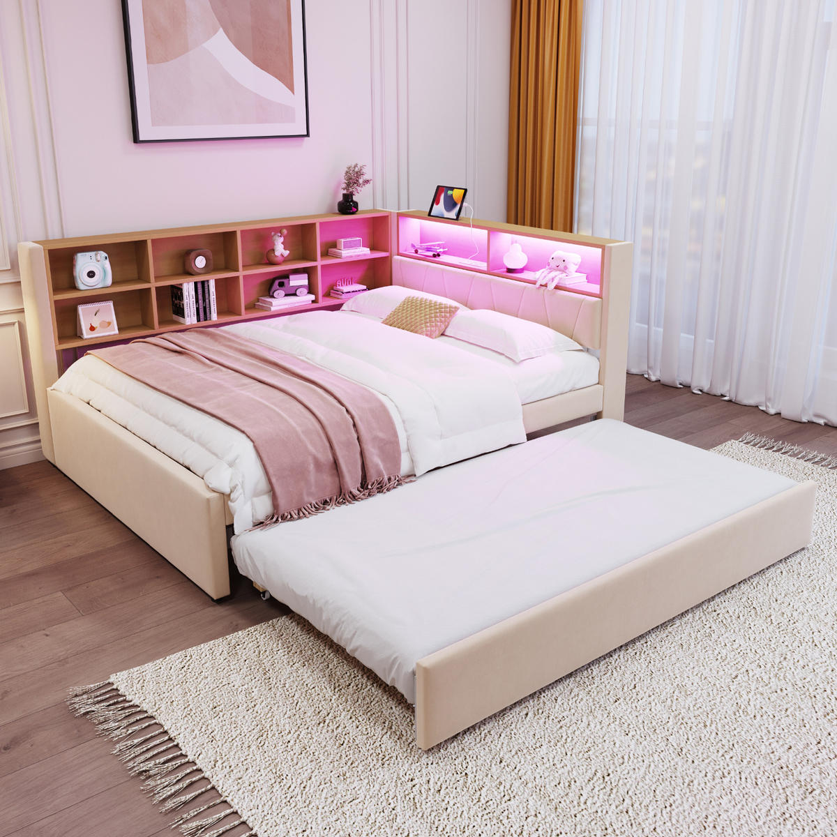 POLSTERBETT 140/200 cm aus Flanell mit LED-Leuchten, Beige - Beige, Textil (140/200cm) - OKMYHOME