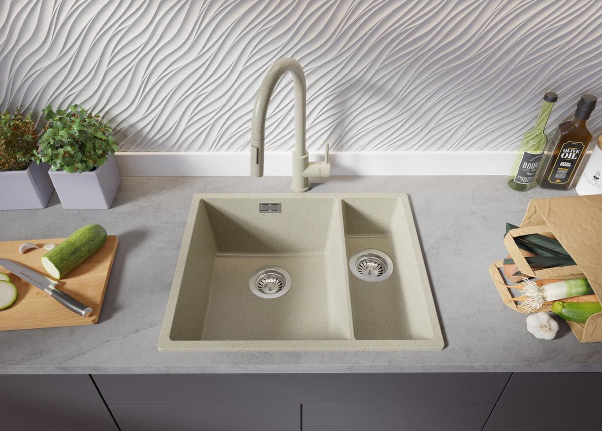 GRANITSPÜLE London Slim Duo, 2-er set Beige 56/47 cm 1,5 Becken + Küchenarmatur 40/20 cm + Ablauf-Set ab 60er Unterschrank - Chromfarben/Beige, Kunststoff (56/20/47cm) - Primagran