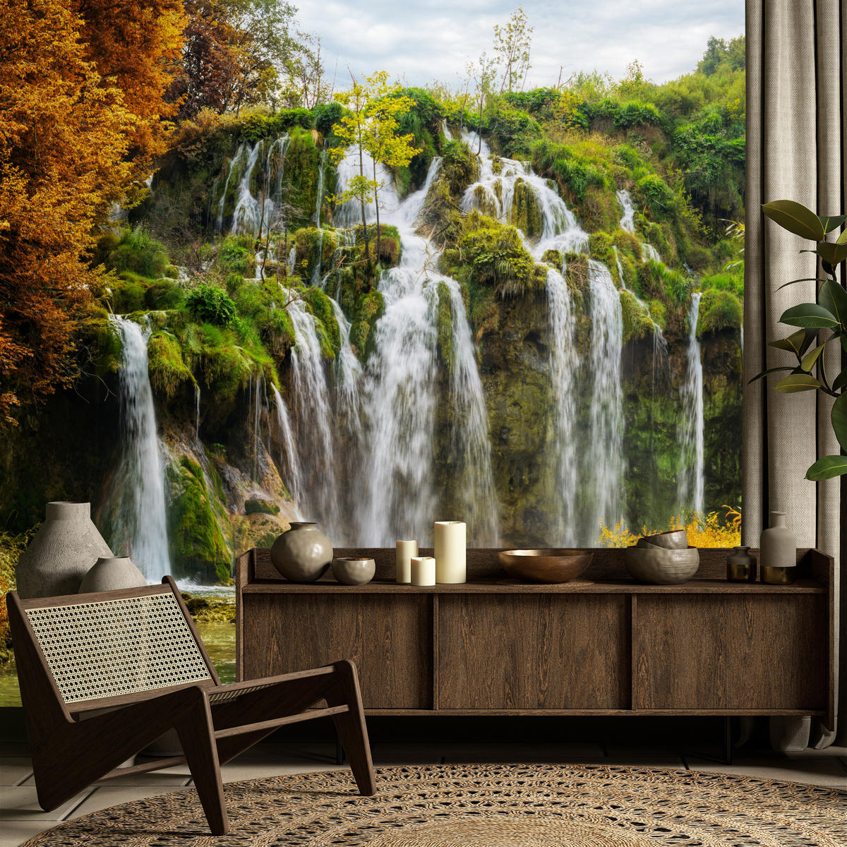 FOTOTAPETE für Esszimmer Exotischer Wasserfall Herbstbaum 350x256 - Gelb/Beige, Papier (350/256cm) - Muralo