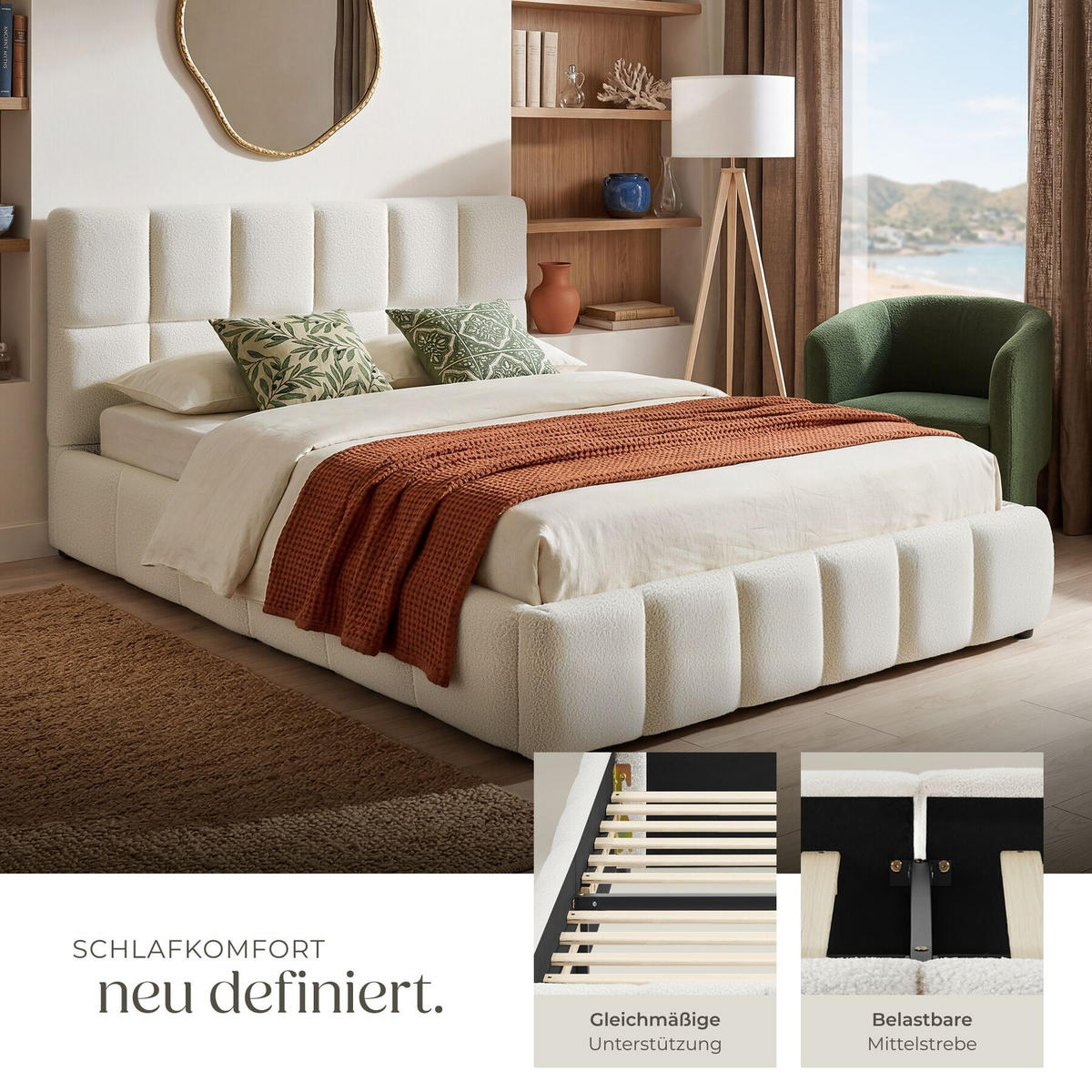 POLSTERBETT Shirley, Belastbarkeit 250 kg, Teddy creme - Creme, Holz (180/200cm) - tectake