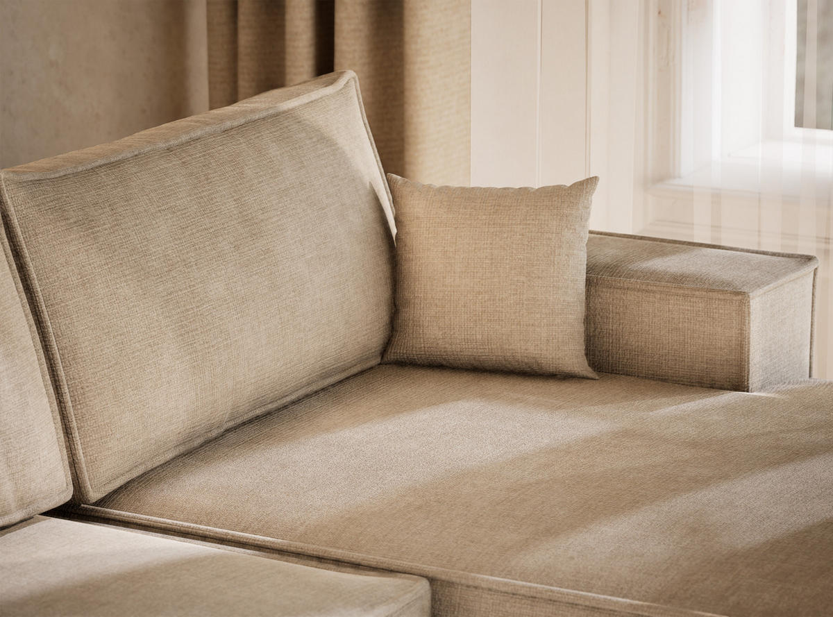 WOHNLANDSCHAFT Kyoto Beige Chenille-Stoff - Beige/Schwarz, Holz/Holzwerkstoff (398/70/148cm) - Maison de Reve