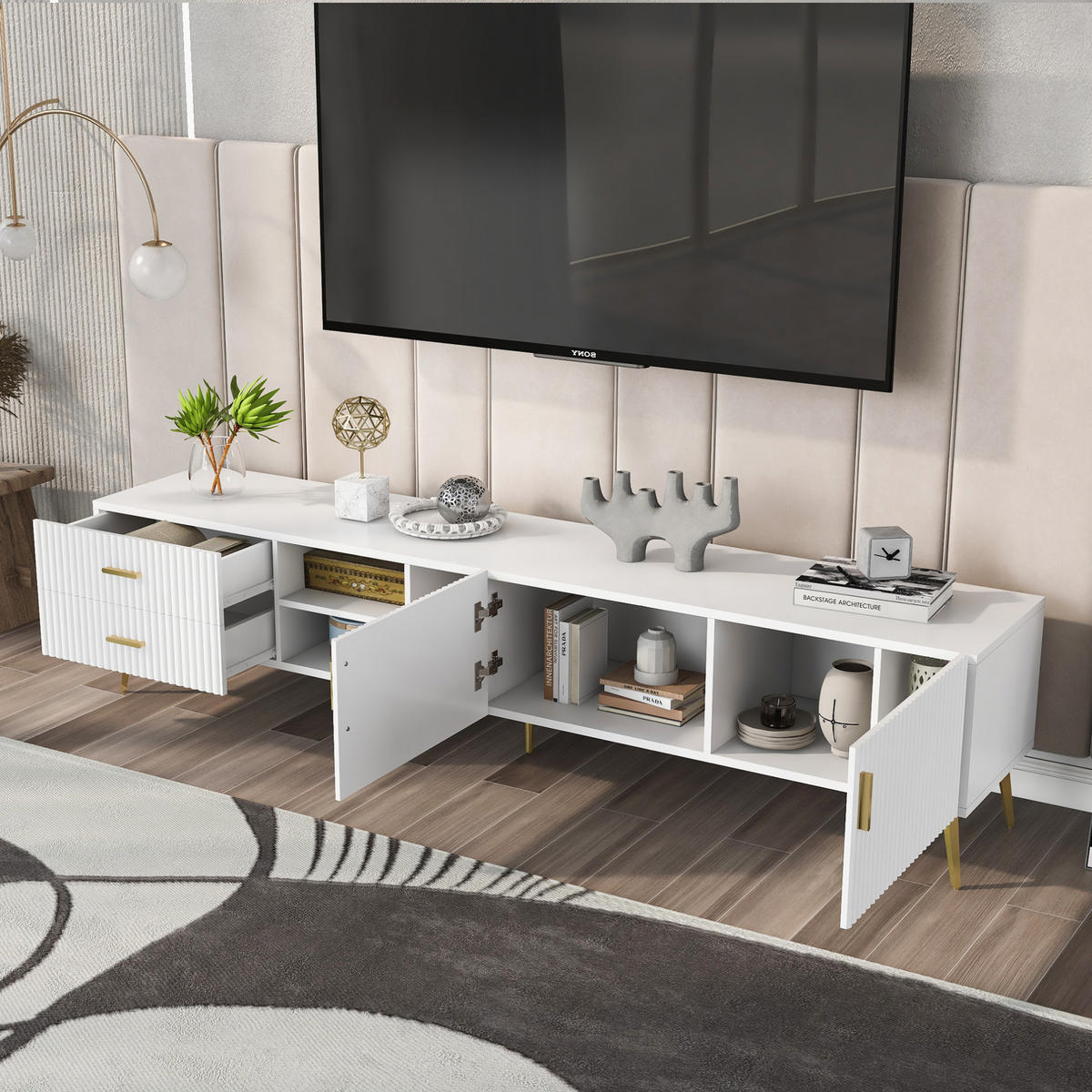 TV ormarić 180/35/41 cm bijeli od MDF-a s 2 ladice i 3 otvorena prostora za odlaganje - bijela, drvni materijal (180/44/35cm) - OKWISH