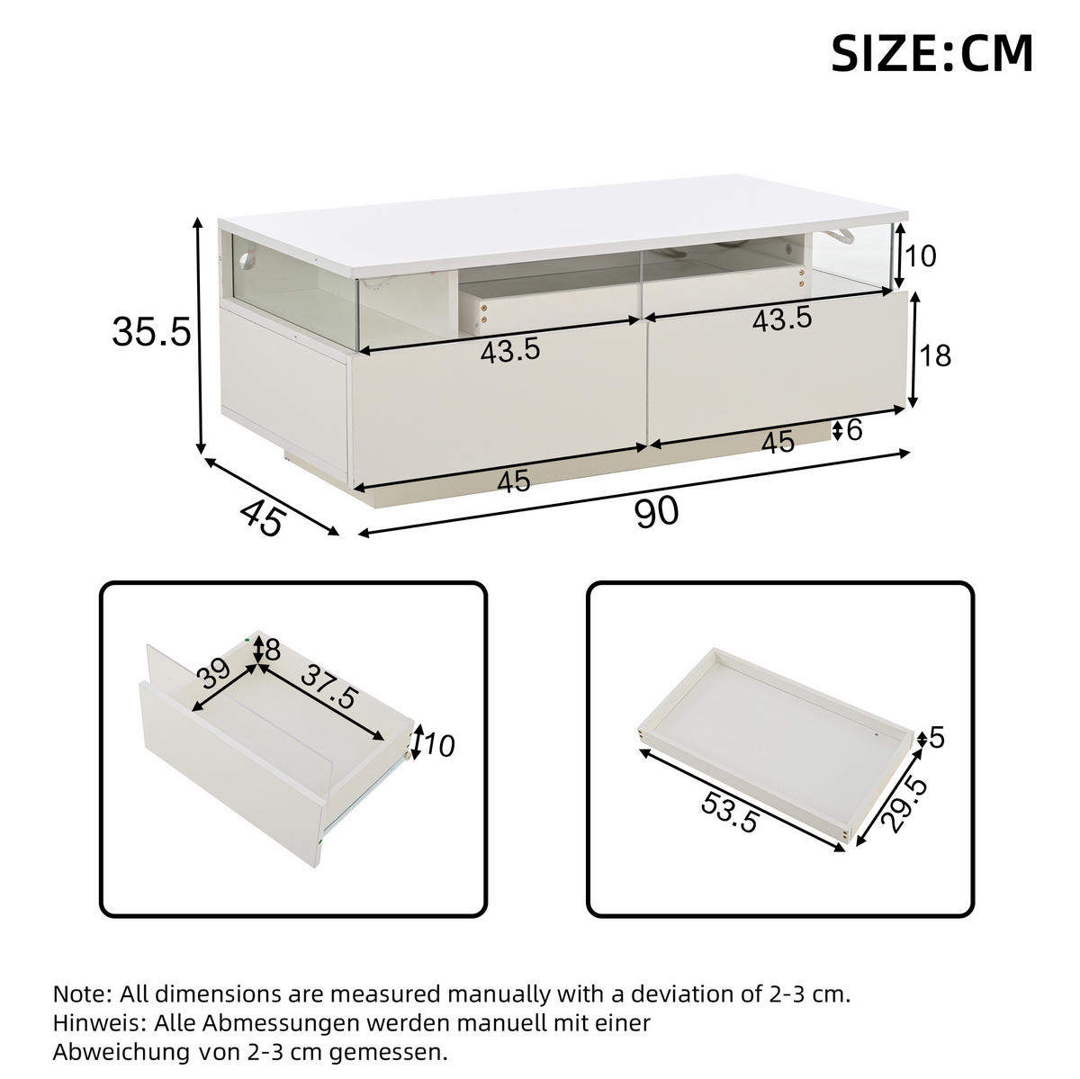 COUCHTISCH 90/45/35.5 cm Weiß aus Spanplatte mit LED und 2 Schubladen - Weiß, Holzwerkstoff (90/45/35.5cm) - OKMYHOME