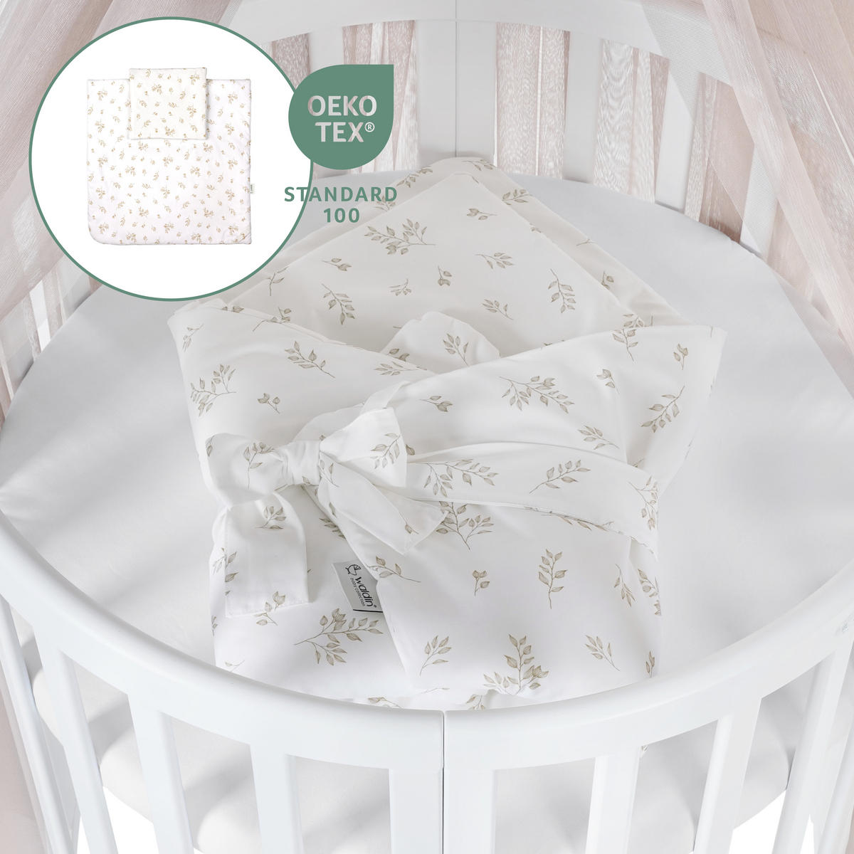BABYBETT WHITE OVAL 7in1 mit Matratze und Himmelset - Taupe/Naturfarben, Holz/Textil