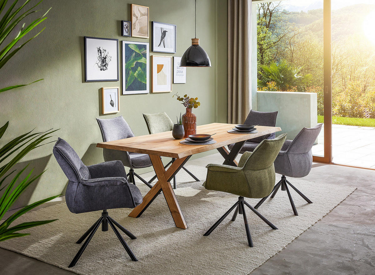 MASSIVER ESSTISCH - Eiche massiv - Eichefarben/Schwarz, Holz/Metall (100/200/76cm) - home24