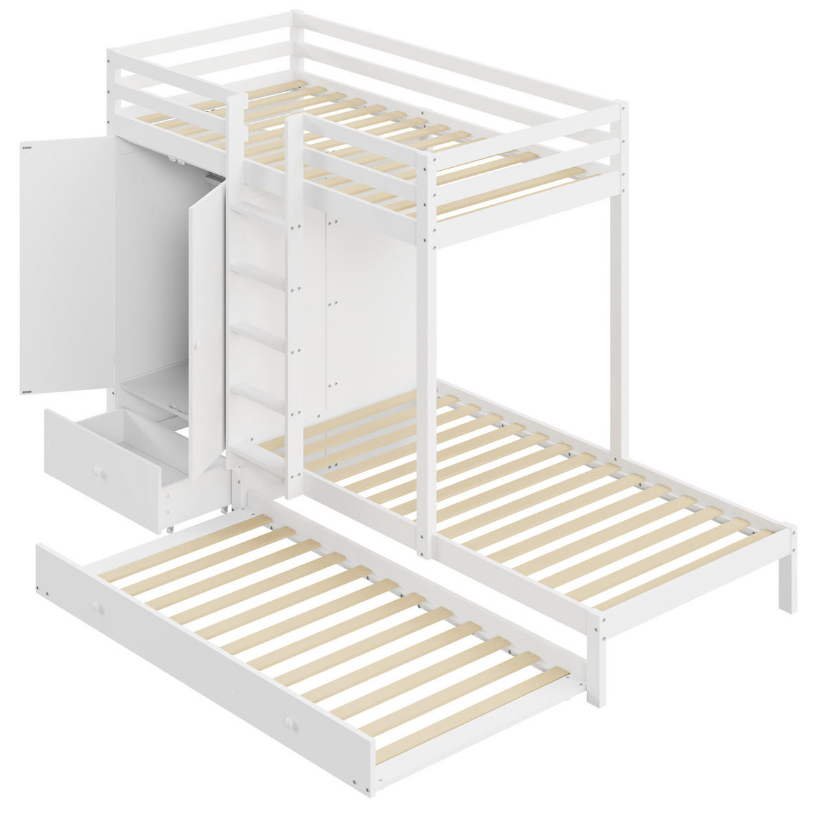 ETAGENBETT 90/200 cm aus Holz mit Ausziehbett und Kleiderschrank - Weiß, Holz (90/200cm) - BEAOK