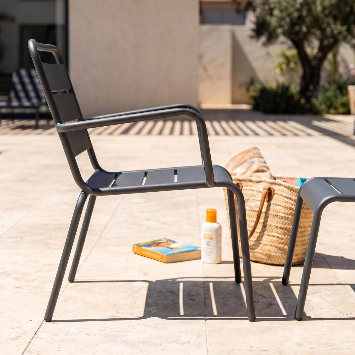 RELAXSESSEL MIT HOCKER, Grau - Grau, Metall (64/72/60cm) - Oviala