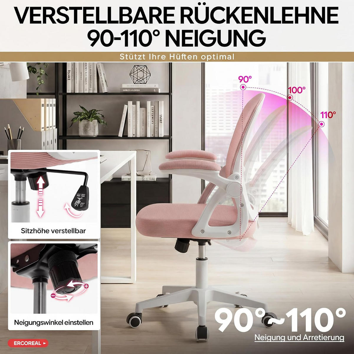 BÜROSTUHL Ergonomischer 90-110°neigbar, 90° Aufklappbare Armlehnen - Rosa, Metall (60/92/57cm)