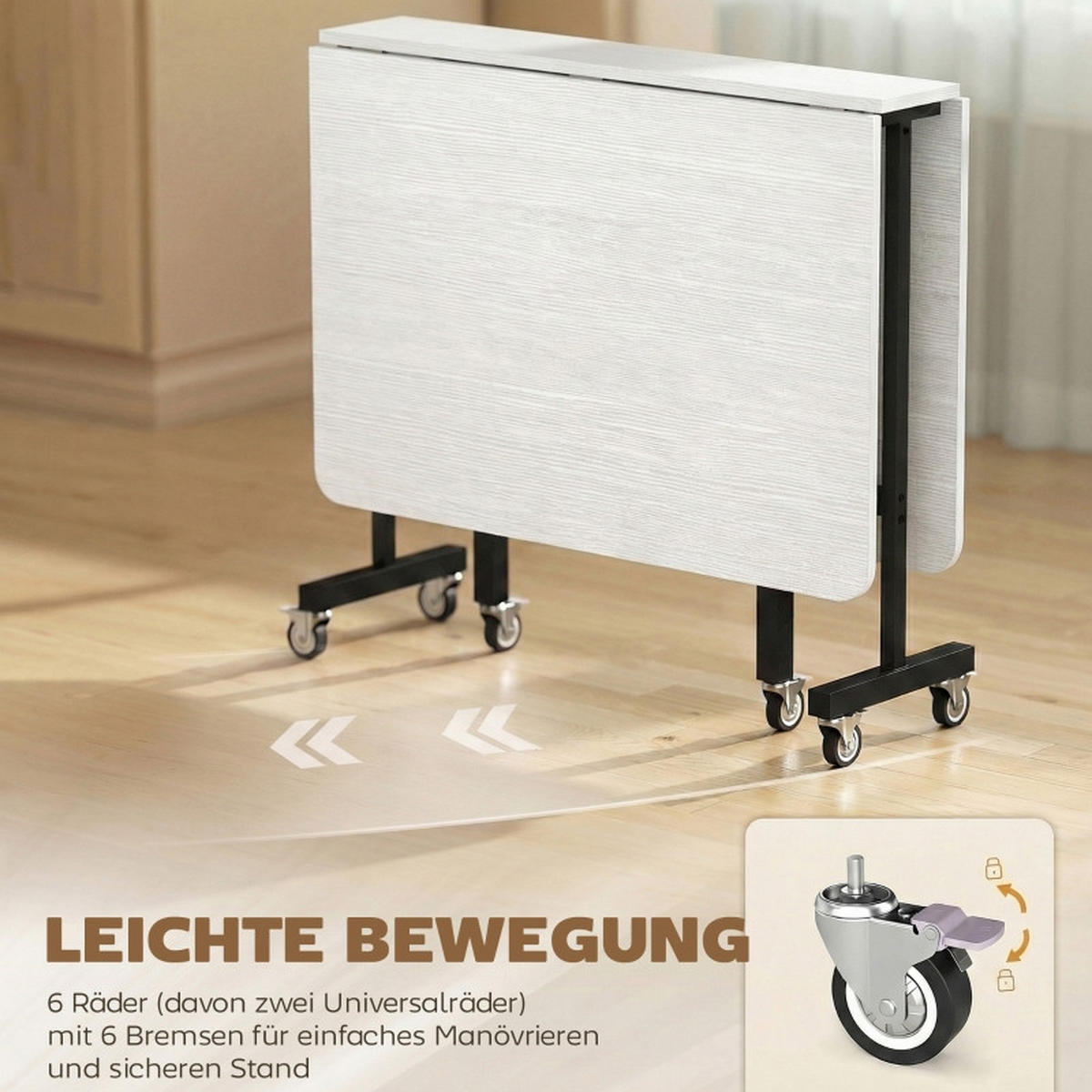 ESSTISCH klappbar 120x80x73 cm, mobiler Tisch mit Rollen & Bremsen, Holzwerkstoff, max. Belastbarkeit 50 kg, weiß - Weiß, Holzwerkstoff (80/120/73cm) - Joyfair