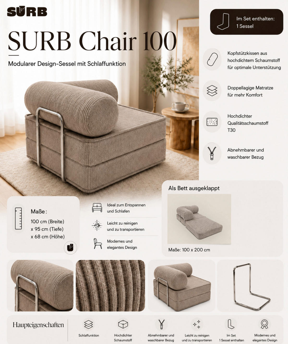 MODULARER Cord Sessel Ecru - Beige, Textil (100/70/100cm) - SURB