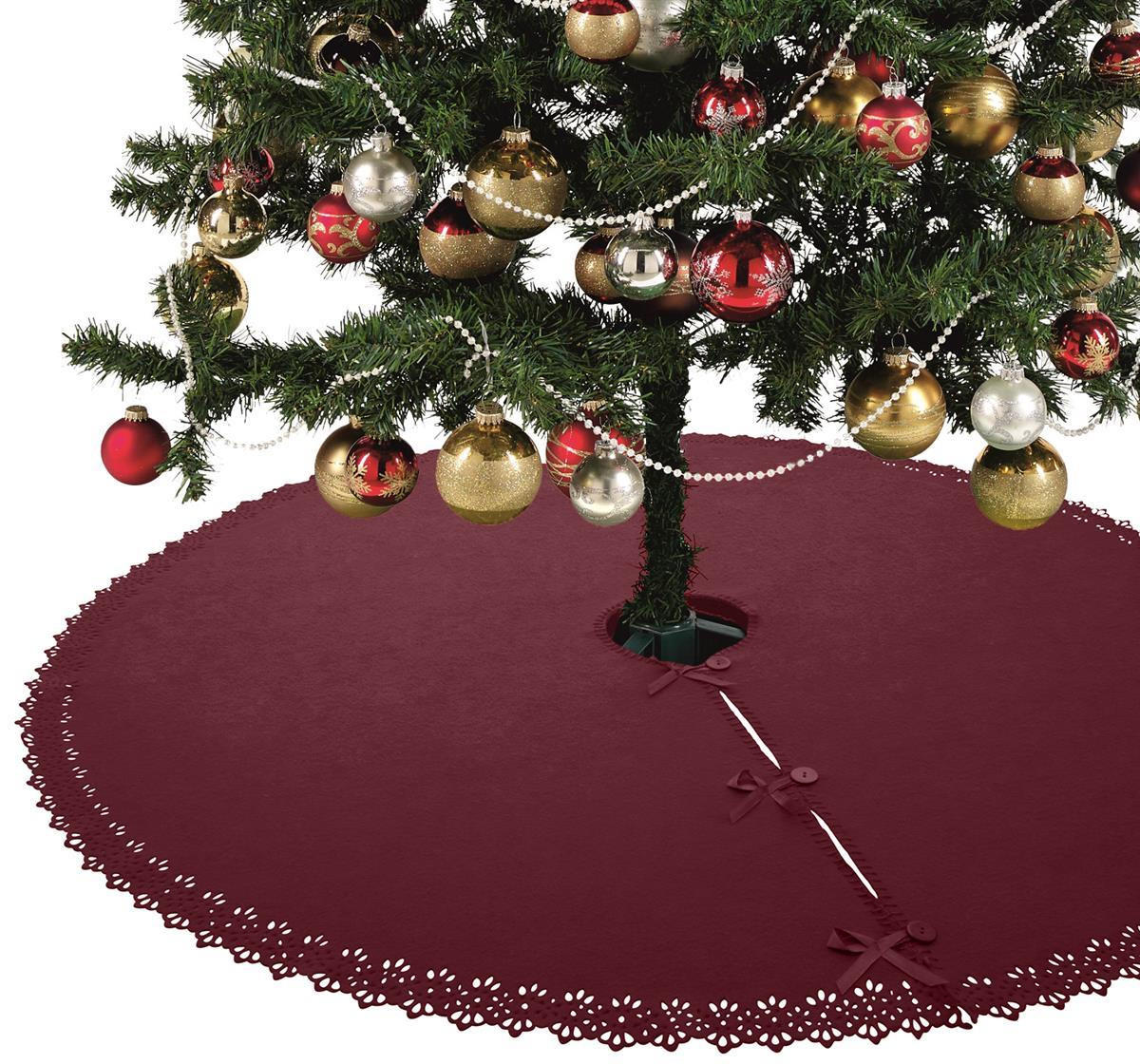 BAUMUNTERLAGE Weihnachtsbaum-Decke weinrot 120 cm rund mit Knöpfen und Satin-Schleifen - Bordeaux, Textil (120/120cm) - wometo