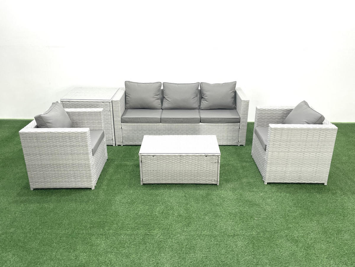 GARTENMÖBELSET mit 3-SITZER SOFA,COUCHTISCH Polyrattan Hellgrau-Mix 5-Sitzer - Hellgrau/Grau, Glas/Kunststoff - Fimous