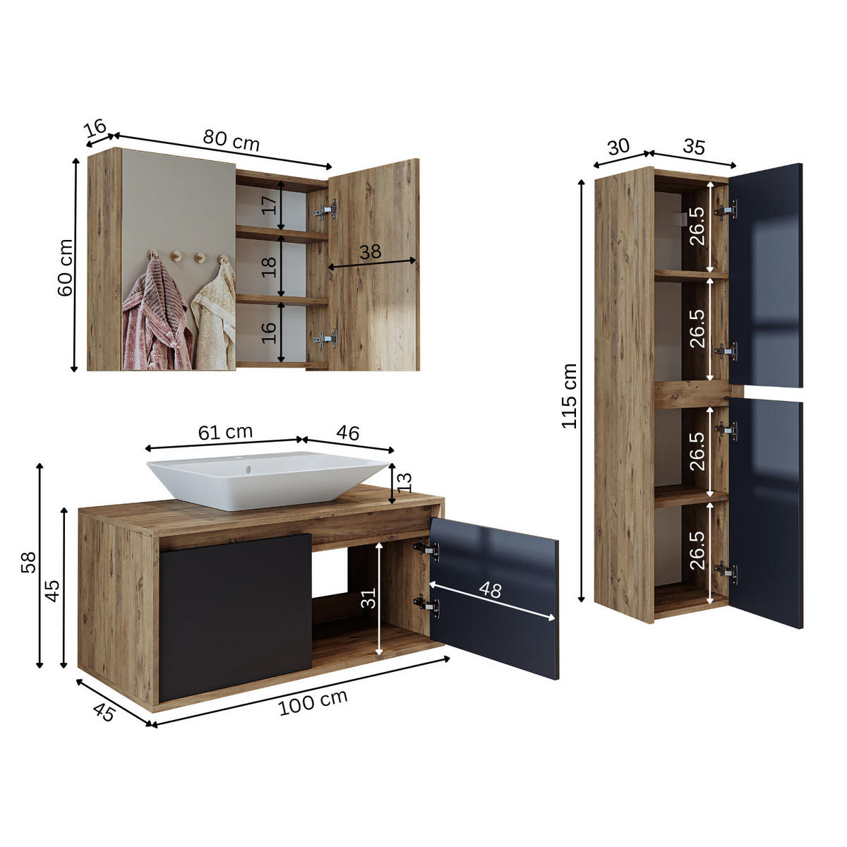 BADMÖBEL Set ATLANTIC-100 4-teilig - Anthrazit, Holzwerkstoff (100/150/45cm) - Roomart