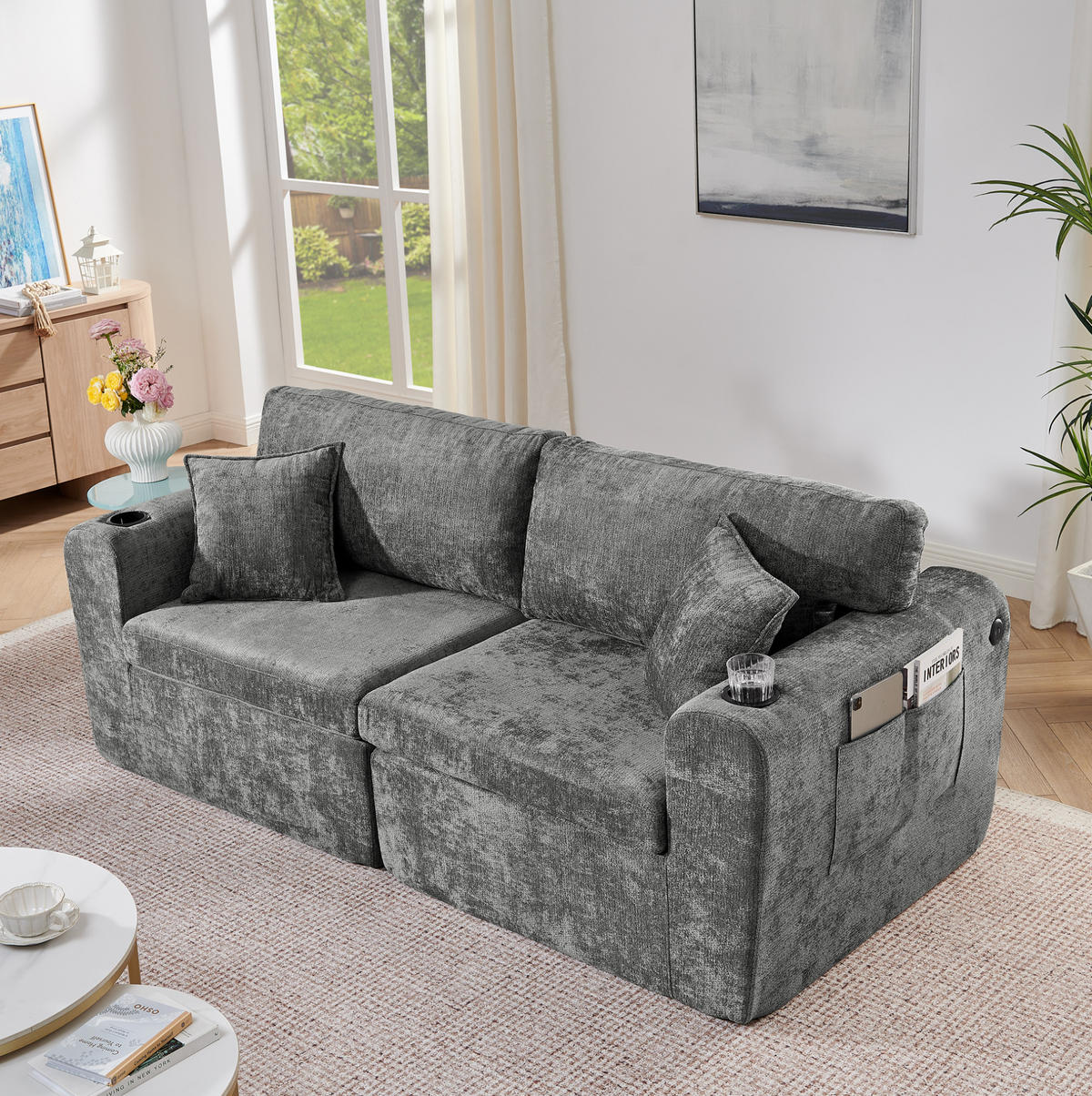 2-SITZER-RELAXSOFA mit USB und Getränkehalter Chenille Gray - Grau, Kunststoff (220/89/100cm) - Meubliv