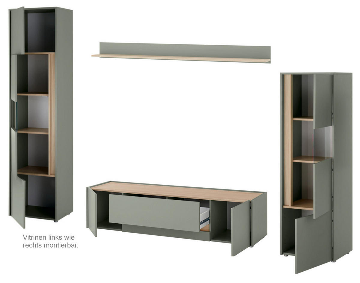 WOHNWAND Set 4-teilig 310 cm, Salbei grün, Eiche Barista, Komplettset mit viel Stauraum - Salbeigrün/Eichefarben, Glas/Holzwerkstoff (310/197/45cm) - Furn.Design