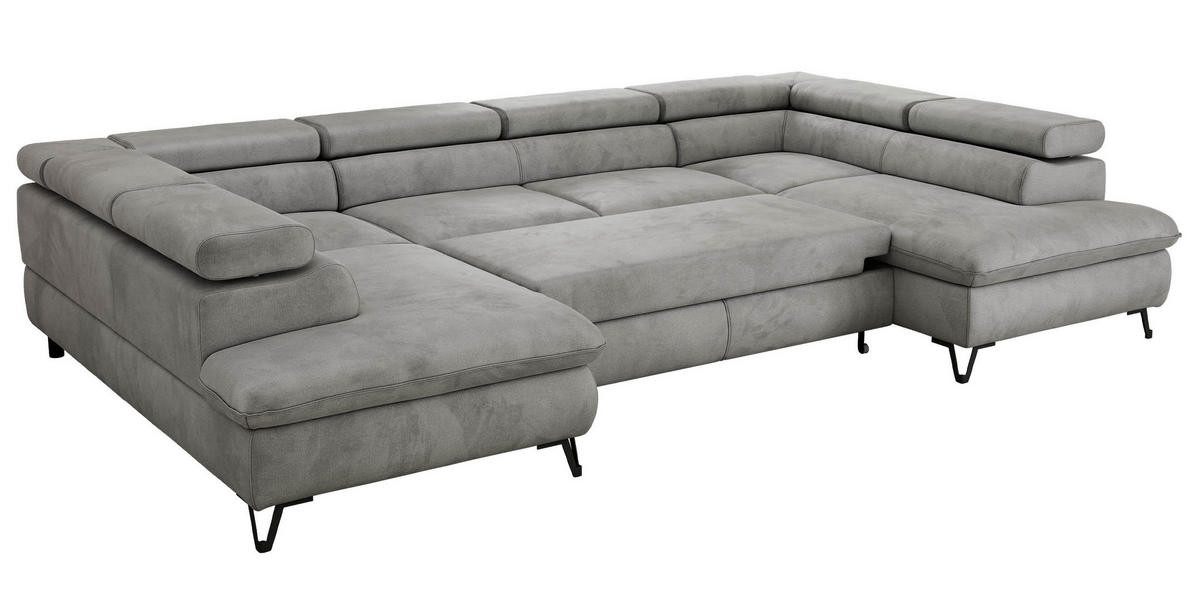 WOHNLANDSCHAFT PABLO U Velvet Hellgrau mit Topper Visco - Hellgrau/Schwarz, Textil/Metall (346/76/208cm) - MKS