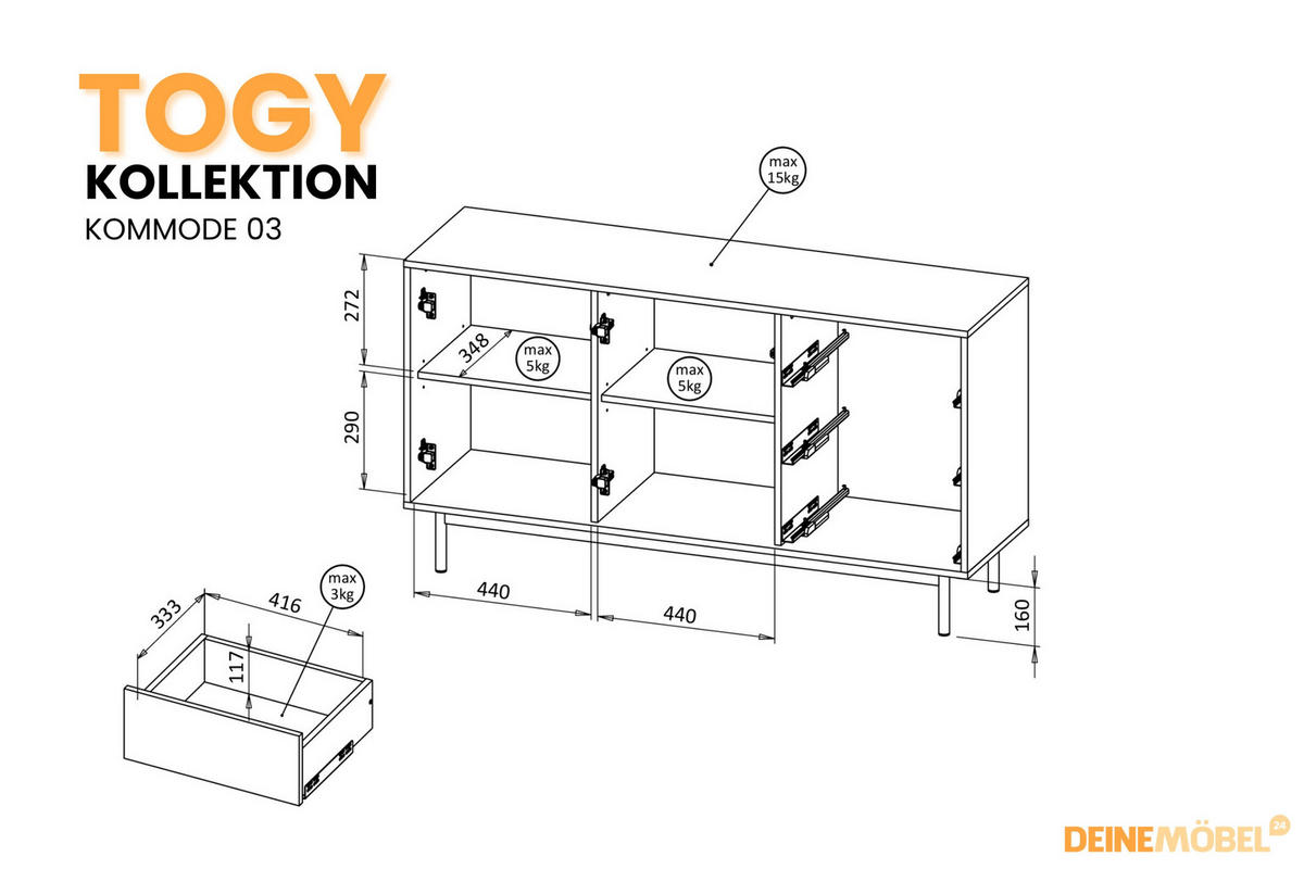 KOMMODE TOGY 03 140 cm breit in Kaschmir / Geölter Eiche mit LED Beleuchtung - Kaschmir/Eichefarben, Holzwerkstoff (140/77/40cm) - Deine Möbel 24