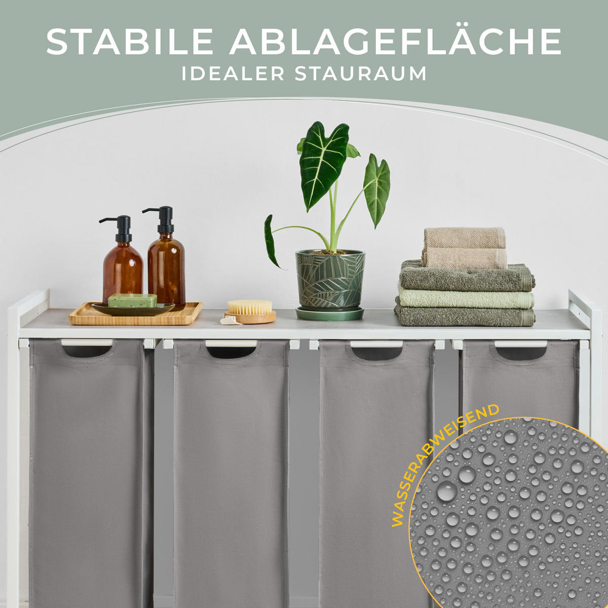 WÄSCHESAMMLER 4 Fächer Grau - Wäschekorb mit Ablage in Beton-Optik - Wäschekorb 4 Fächer - Grau, Textil (110.5/73/36cm) - Blumtal