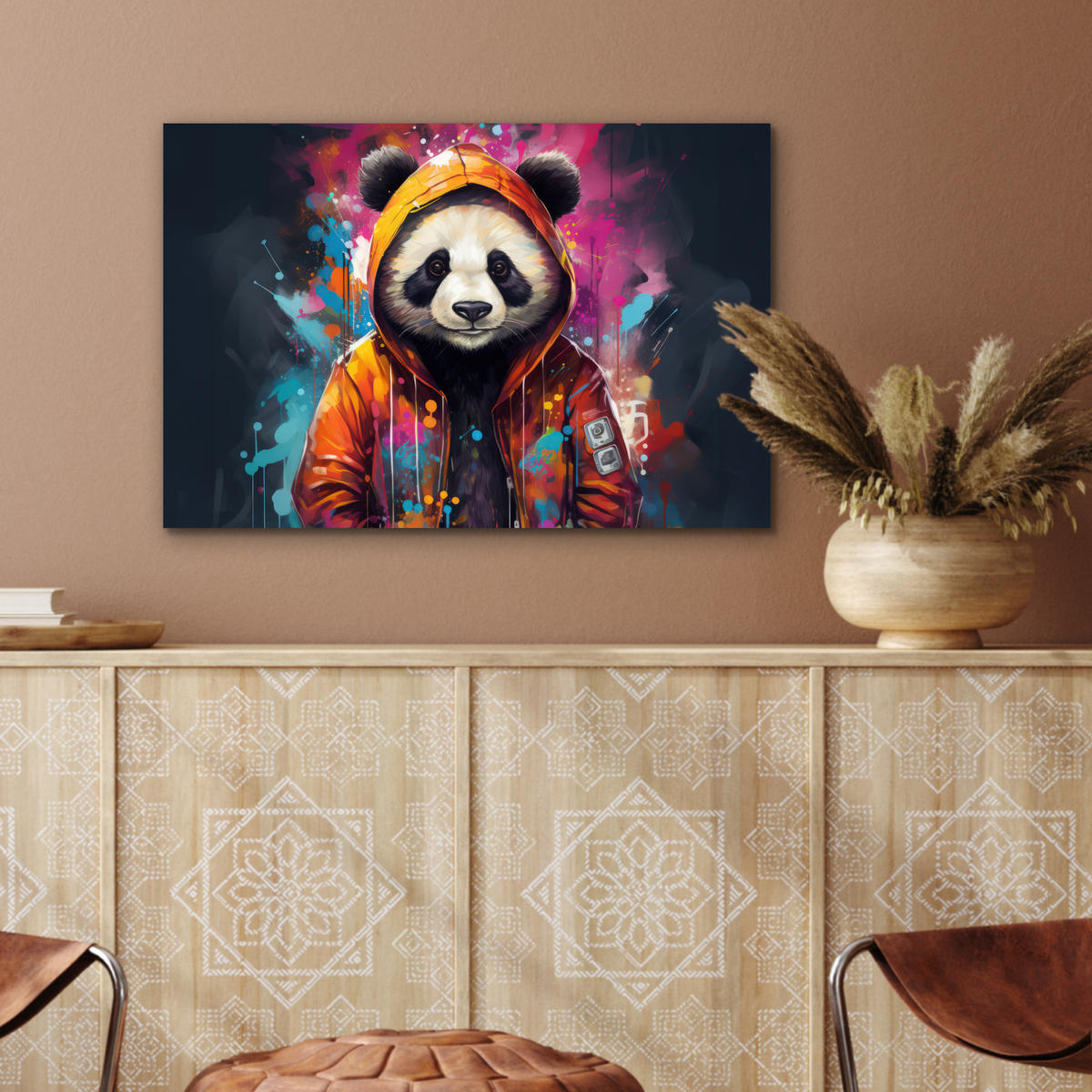 METALLBILD Panda - Jacke - Graffiti - Orange 60x40 cm - Orange, Metall (60/40cm) - MuchoWow