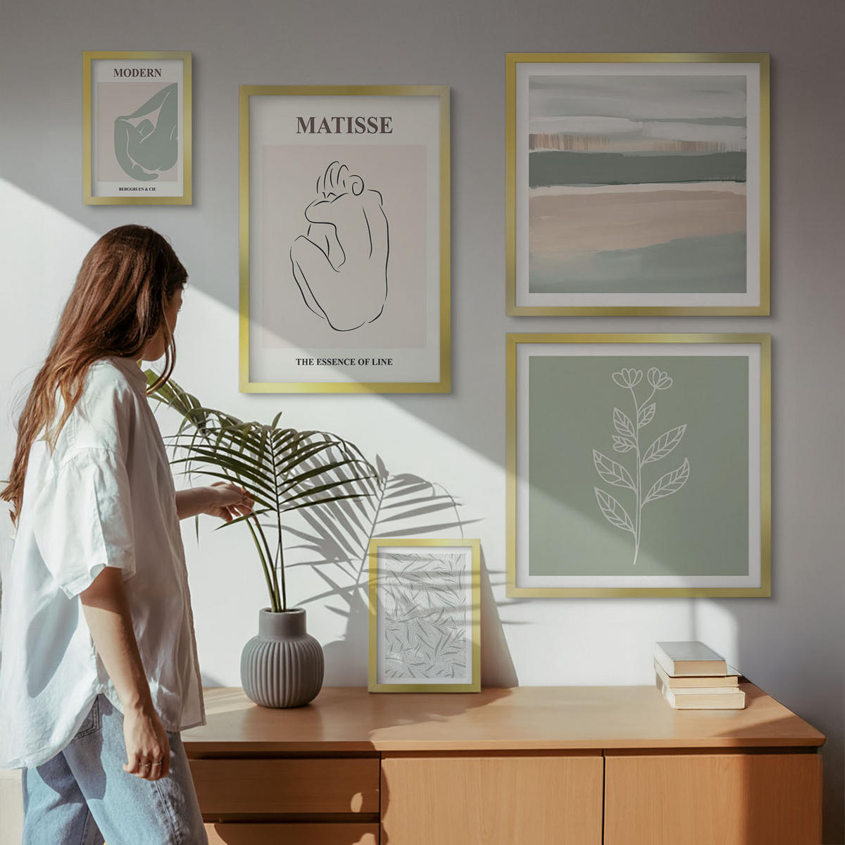 WANDBILDER 5er Set - 50x50 cm & 20x30 cm & 40x60 cm Goldrahmen - Abstrakte Pflanzenformen - Goldfarben, Kunststoff (40/60cm) - ArtPrintCave