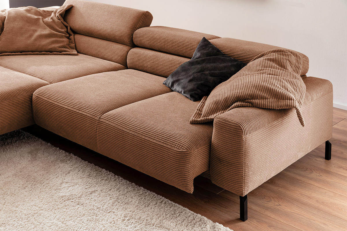 ECKSOFA MIT MOTORISCHEM SITZVORZUG DELIA Braun Cord - Dunkelbraun/Schwarz, Textil/Metall (312/219cm) - KAWOLA