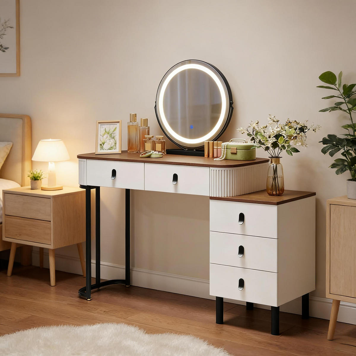 SCHMINKTISCH mit verstellbarem runden LED-Spiegel und 5 Schubladen - Braun, Glas (100/125/40cm) - Vallsero