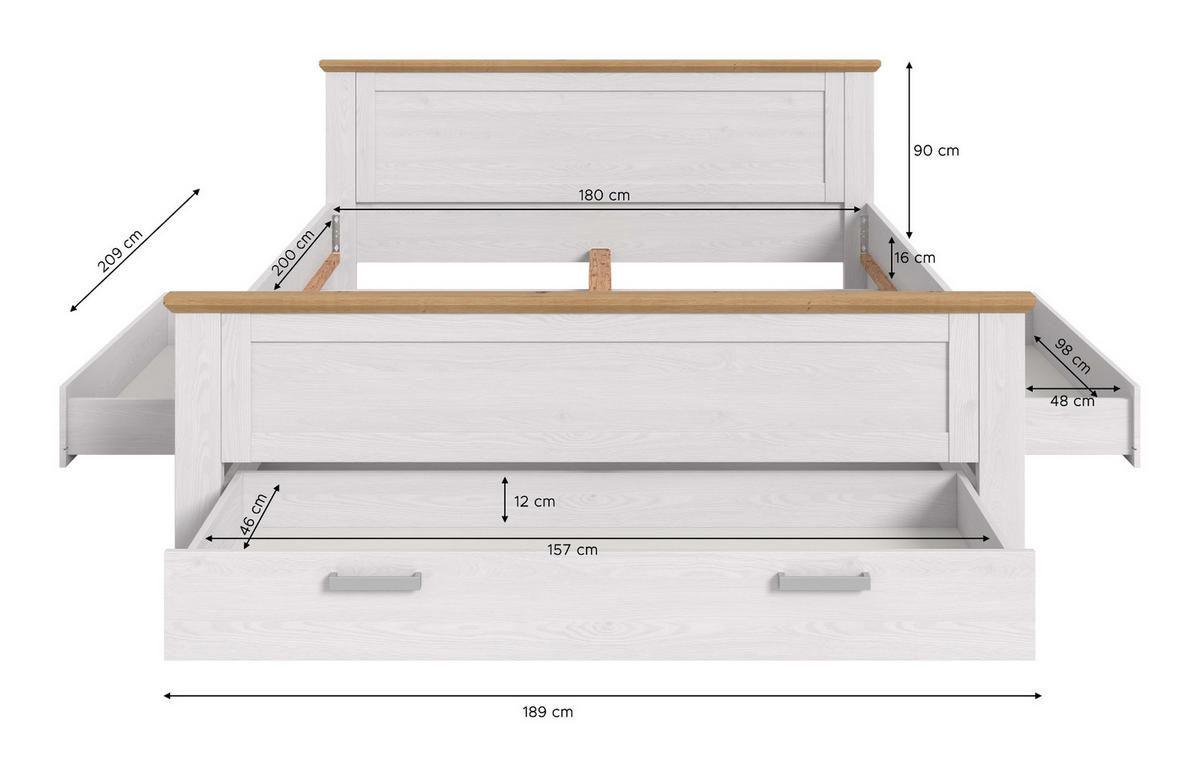 BETT weiß Lärche, Eiche Artisan Landhaus Liegefläche 180 x 200 cm, Doppelbett mit 3 Bettschubkästen - Eichefarben/Weiß, Holzwerkstoff/Metall (180/200cm) - Inn.Furn