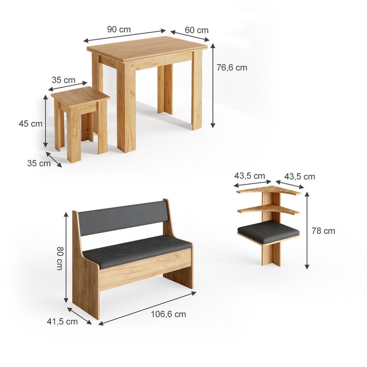 ECKBANKGRUPPE Roman Goldkraft Eiche 150 x 41.5 cm mit Tisch - Honigeiche/Anthrazit, Holzwerkstoff (150/80/150cm) - Vicco