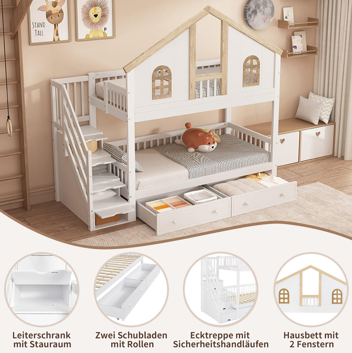 ETAGENBETT 90/200 cm mit Stauraumtreppe, 2 Schubladen, Fenstern und Fallschutz aus Kiefer massiv und MDF, Weiß/Natur - Weiß, Holzwerkstoff (90/200cm) - Redom