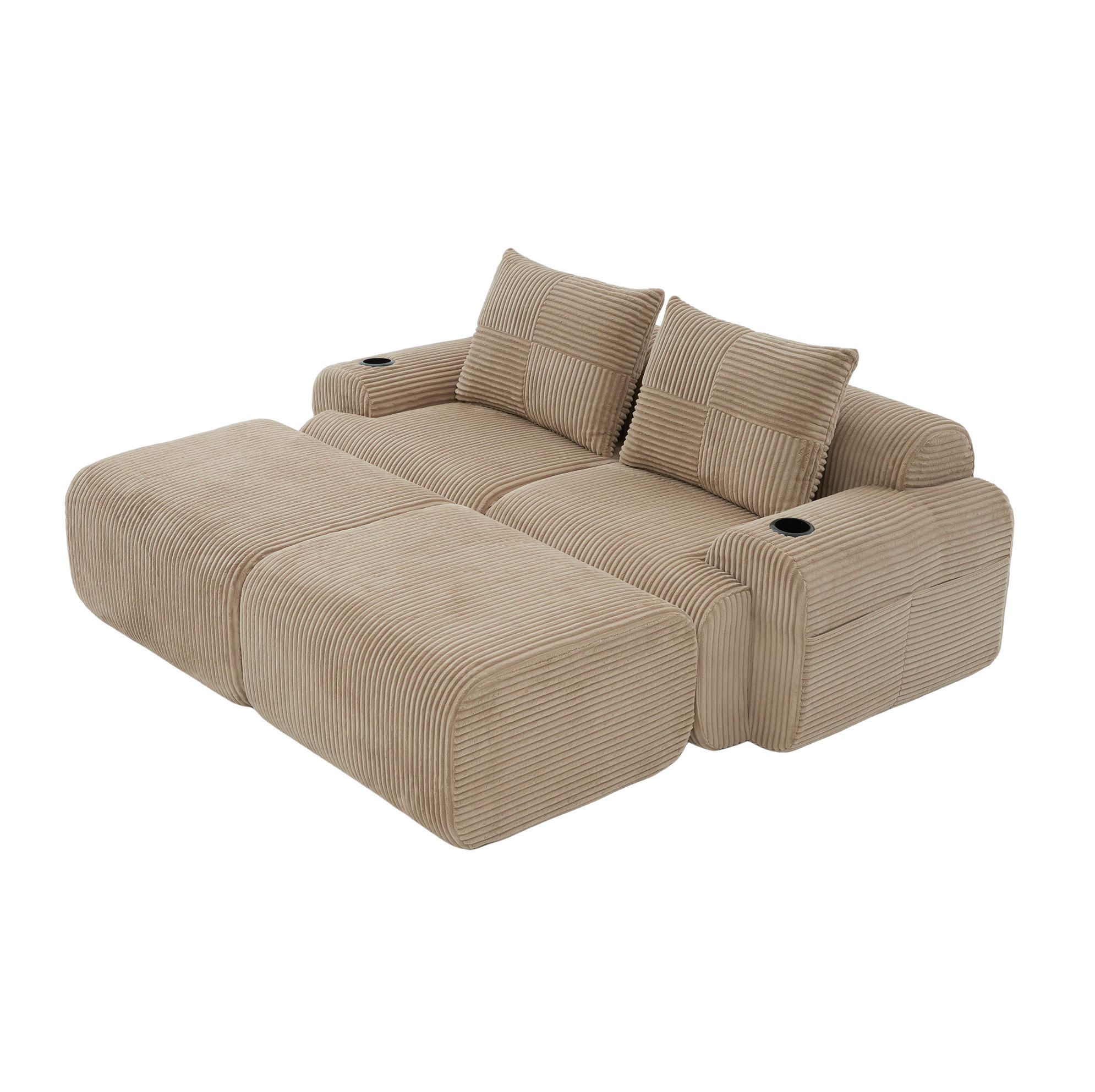 MODULARES 2-Sitzer Cordsofa mit 2 Hockern Getränkehalter und Seitentasche 200/174/80 cm Sandfarben - Sandfarben, Textil (174/80/200cm) - Redom